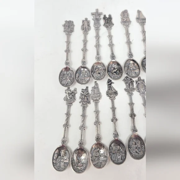 Vtg Holland Dutch demitasse mini spoons stamped novelty ornate figural set of 12 - Picture 3 of 10